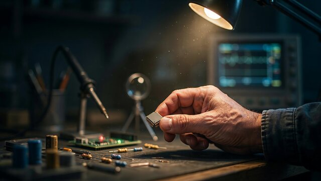 Precision electronics technician repairing circuit board under workshop light