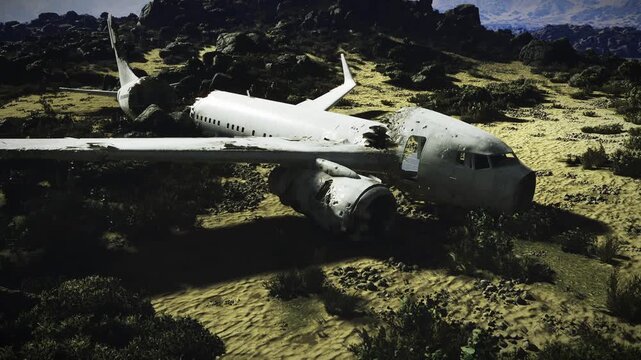 Aerial survey captures crashed transport in rocky landscape, drone mapping and geospatial markers suggested, satellite imagery mood with scientific focus