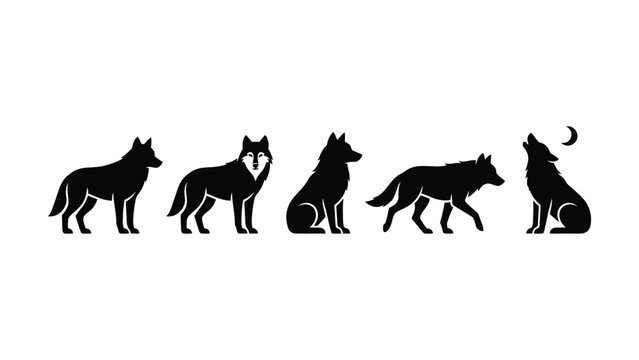Five stylized wolves silhouettes with moon illustration transparent background design