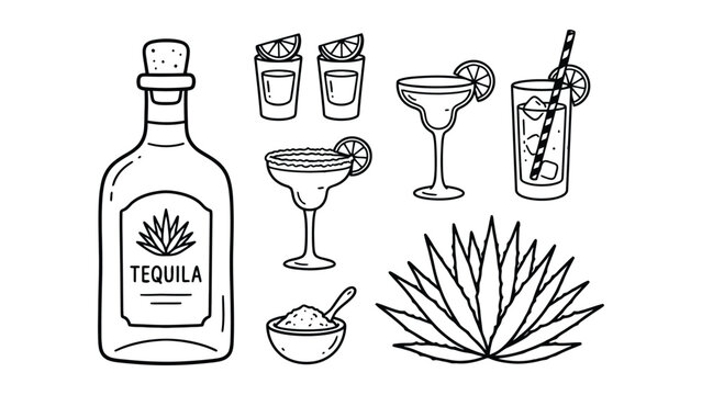 Illustrated tequila bottle and various tequila cocktails with lime garnish