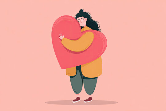 Vector bold flat style illustration of a cartoon girl hugging a big heart shape representing love yourself and self esteem concept 