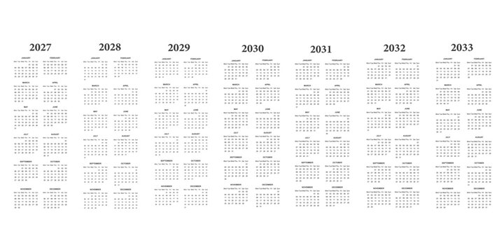Printable yearly calendar page template set for 2027 2028 2029 2030 2031 2032 design