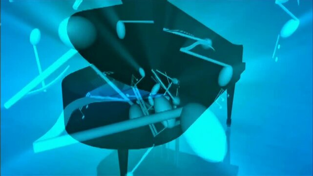 Sleek grand piano bathed in luminous cyan-blue light, glowing musical notes floating gently all around