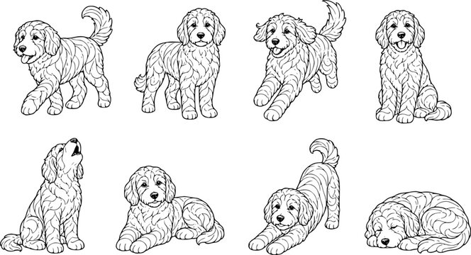 Bernedoodle Dog Poses Coloring Page Line Art Set: Walking Standing Running Sitting Howling Lying Stretching and Sleeping Vector Illustration