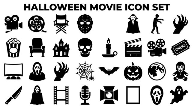 Halloween horror movie icon set. Scary cinema symbols and spooky film production graphics.