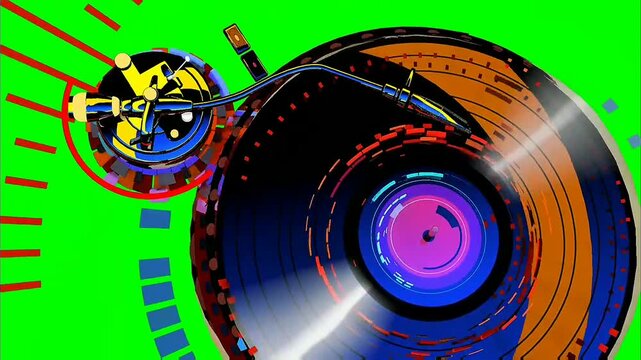 Vibrant stylized spinning vinyl record with colorful tonearm assembly isolated vividly on solid bright green background