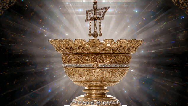 Ornate golden religious cup vessel with intricate details and radiant backlight religious ceremonial radiance intricate craftsmanship goldwork blessing precious treasure glistening splendor