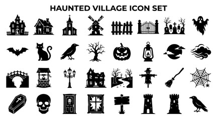 Obraz premium Halloween haunted village icons. Black silhouette spooky holiday design elements set.
