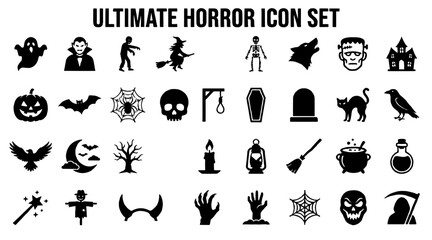 Obraz premium Halloween horror icon set. Black vector symbols for spooky holiday design and party decor.