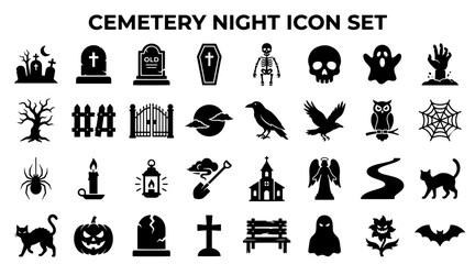 Obraz premium Halloween cemetery icon set. Black spooky graveyard symbols for holiday design projects.