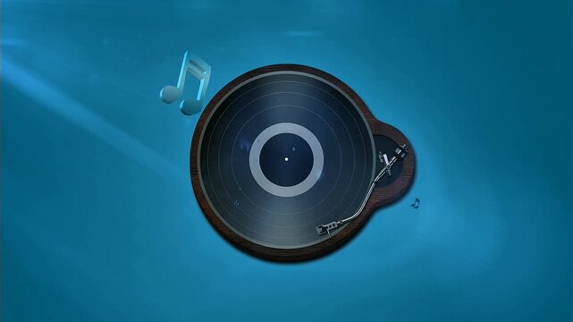 Wooden-framed vinyl turntable centered on glowing blue gradient backdrop with floating bright musical note
