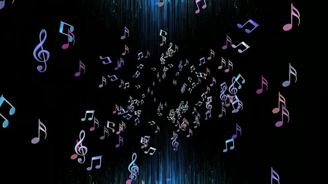 Vibrant multicolored musical notes and treble clefs swirl inward in tunnel vortex against deep black background