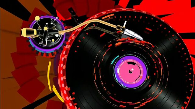 Striking red and purple stylized vinyl record with golden tonearm, bold geometric shapes and vivid retro color palette