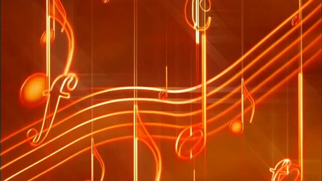 Glowing neon-orange musical staff lines and notes radiate warm light, luminous pattern against deep rich backdrop