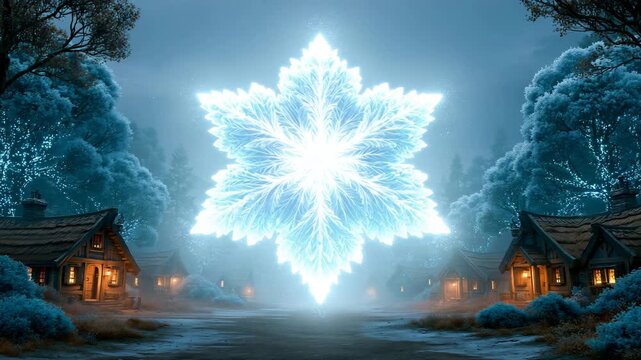 Peaceful Gnome Village Under Glowing Crystal Snowflake