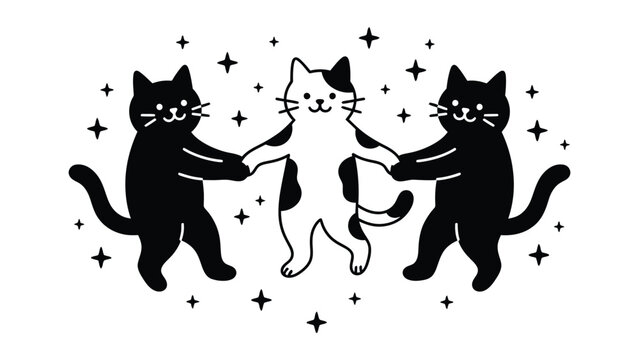 Three black and white cats holding paws together with stars background