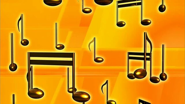 Shiny metallic golden music notes float freely over warm glowing orange-yellow background with soft light streaks