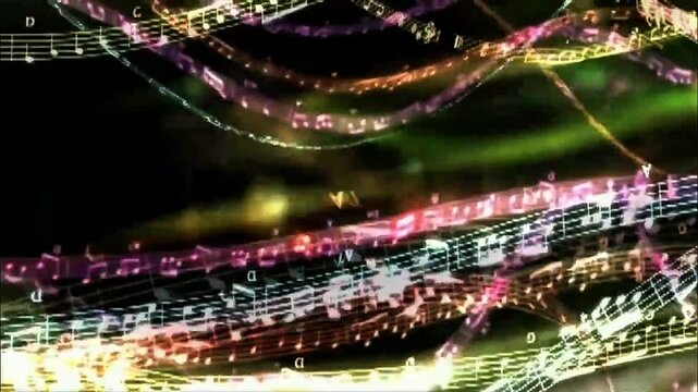 Luminous musical staves and notes in vivid rainbow hues swirl dynamically against deep dark background