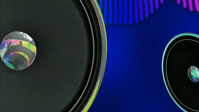 Glossy black speaker drivers with iridescent centers float against deep blue background with glowing sound wave bars