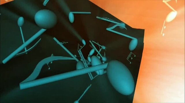 Grand piano illuminated by vivid warm orange glow, bright luminous musical notes drifting across the scene