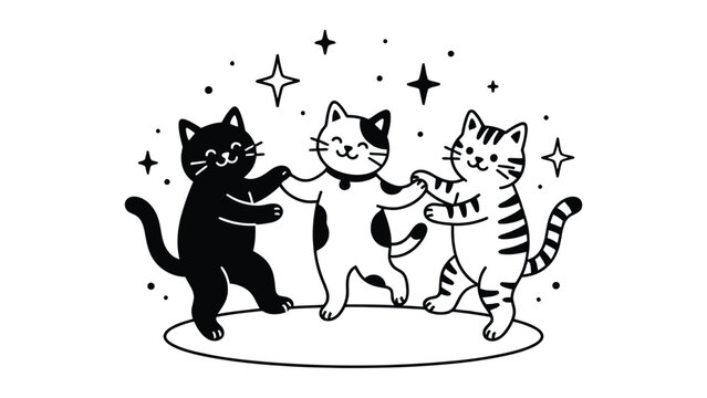 Three Cats Holding Paws Dancing Together Under Stars Illustration