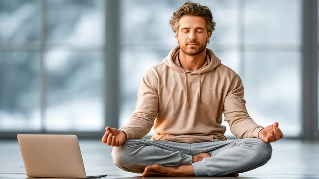 Man Practicing Morning Yoga Near Snowy Window