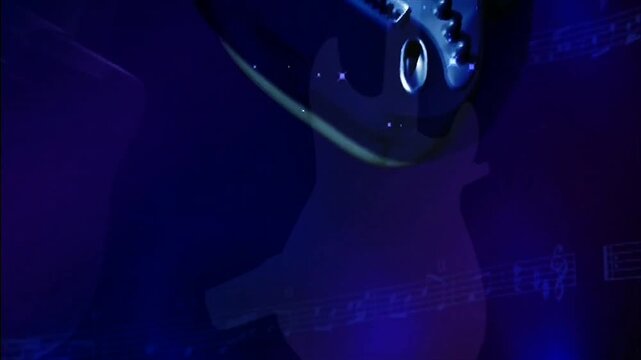 Sleek electric guitar bathed in deep blue and purple light, faint musical notation floats softly in dark background