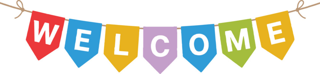 Colorful welcome bunting flags hanging on a rope isolated on white background as a scalable vector file © DESIGNER