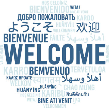 Multilingual welcome word cloud design presented as a high quality scalable vector file for global communication projects