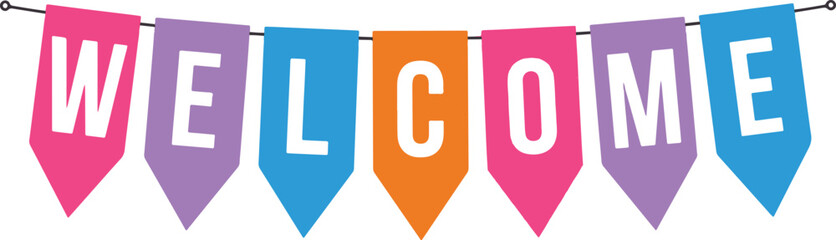 Colorful welcome bunting flags hanging on a rope isolated on white background as a scalable vector file © Mohammad