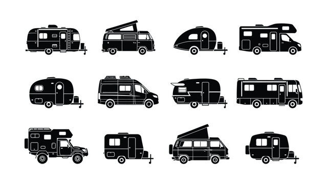 Variety of stylish black and white camper trailers and RVs illustration