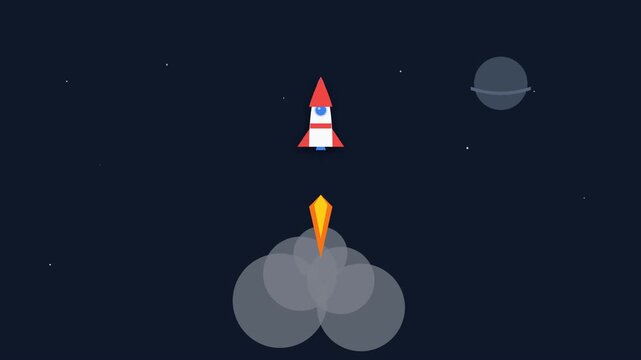 Animation of a Rocket Ship Launching into Deep Outer Space with a Planet in the Dark Background
