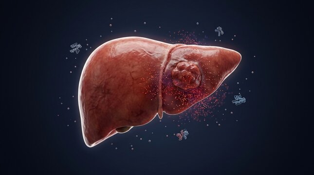 Abstract medical visualization of human liver showing potential inflammation and cellular damage with pathology inflammation function