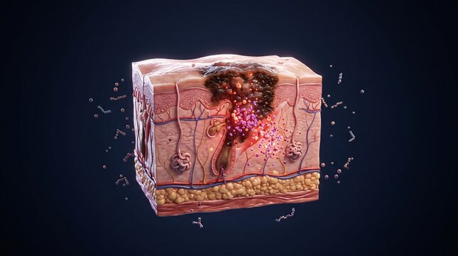 Cross section of human skin showing deep tissue wound infection with inflammation and immune response particles dermatology infection