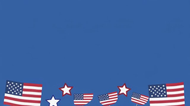 American flags and stars pattern in motion against a blue background for patriotic celebrations