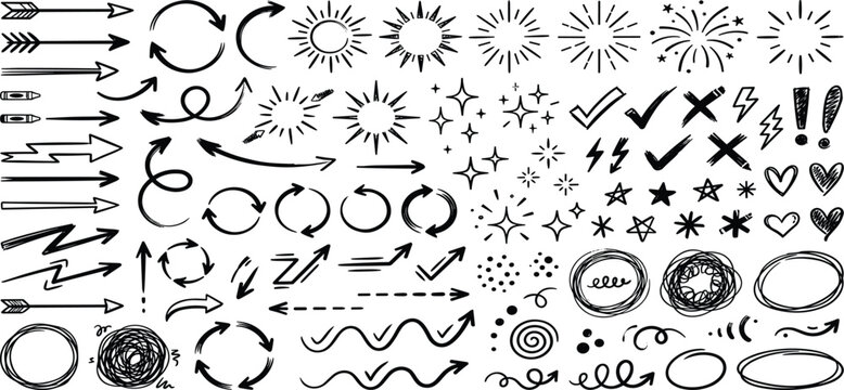 Crayon doodle arrow and brush line set with underline, marker, check, circle, curve, star, wave and squiggle strokes on grunge background vector illustration