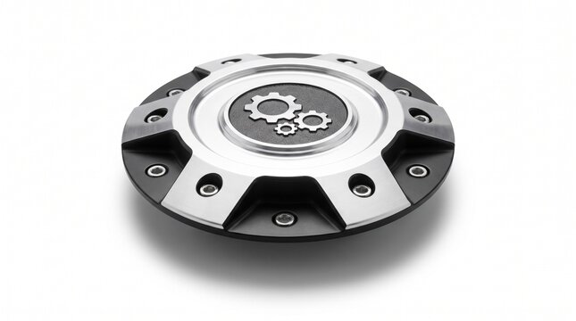 Car wheel center cap on white background. Automotive hub cover with gear logo design.
