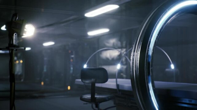 Vintage console within space station. Neon lighting accentuates retro studio environment in orbit. Dust and grain evoke noir mood in sci fi setting