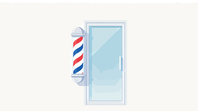 Barber shop entrance with red white blue striped pole and glass door