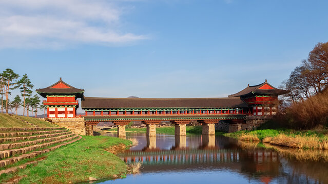 Woljeonggyo Bridge in Gyeongju, the ancient capital of South Korea, in spring.