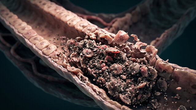 3D medical illustration of a diseased artery or blood vessel section clogged by cholesterol plaque and a blood clot