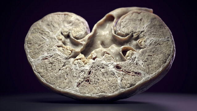 3D medical illustration of a cross-section of a human kidney showing internal anatomical structures