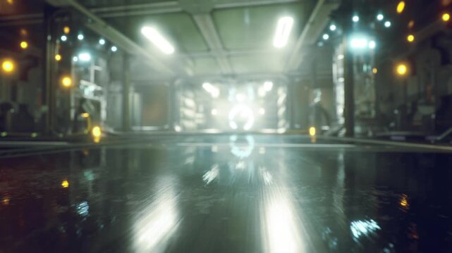 Bright reactor core within space station, radiant center casting symmetrical reflections across polished deck, heat sinks and conduit arrays lining reinforced