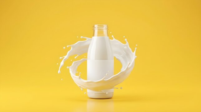 Glass Milk Bottle with Dynamic Milk Splash for Product Splash Photography on Yellow Background