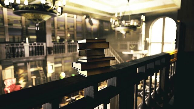 Stack of books on balcony railing, dim historic reading room with ornate woodwork and warm lighting, shallow depth of field highlights textured spines