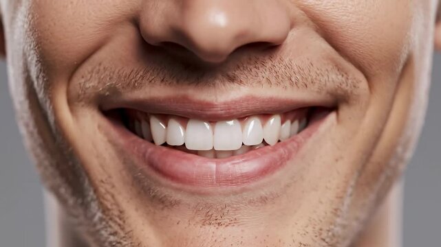 A young man displays his healthy white teeth while grinning broadly to express immense satisfaction and pure joy because maintaining excellent oral hygiene remains a top priority for his daily