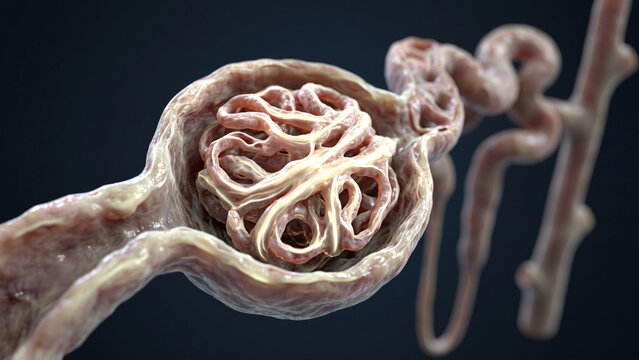 3D medical illustration of a renal corpuscle showing the glomerulus inside Bowman's capsule of a kidney nephron