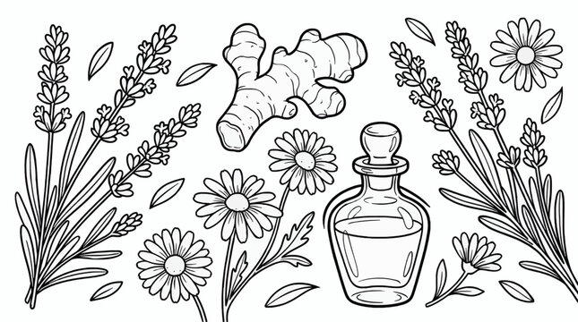 Black and White Line Art Illustration of Wellness Ingredients: Lavender, Chamomile Flowers, Ginger Root, and Essential Oil Bottle, Coloring Page Style