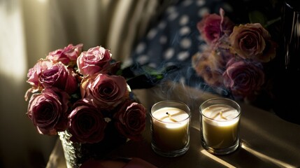 Obraz premium Roses and candles create a cozy atmosphere in a sunlit room