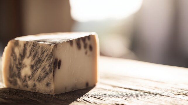 Block of cheese sits on wooden table with sunlight shining in the background during the day